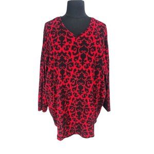 Red and Black Patterned V-Neck Women's Top